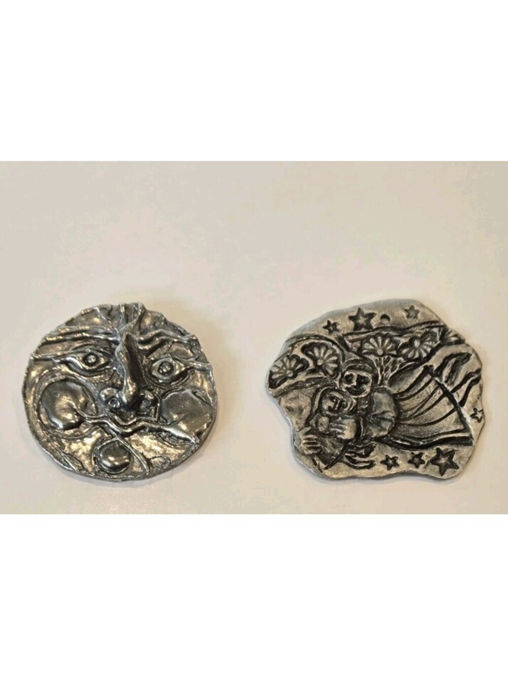 VTG Drumm Pewter Art Pieces Christmas Ornament Face Medallion Lot of 2